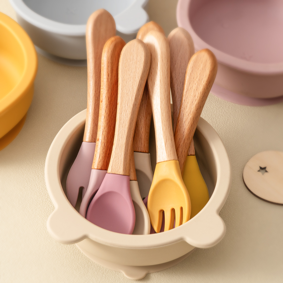 Baby Food Utensil - Mamaplan Silicone Baby Spoon Fork Wooden